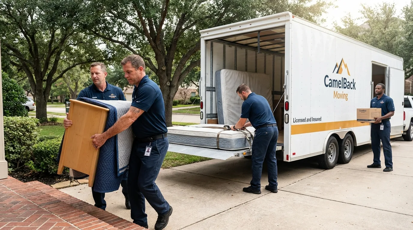 Crew loading residential truck for cross-state move from Selma, CA
