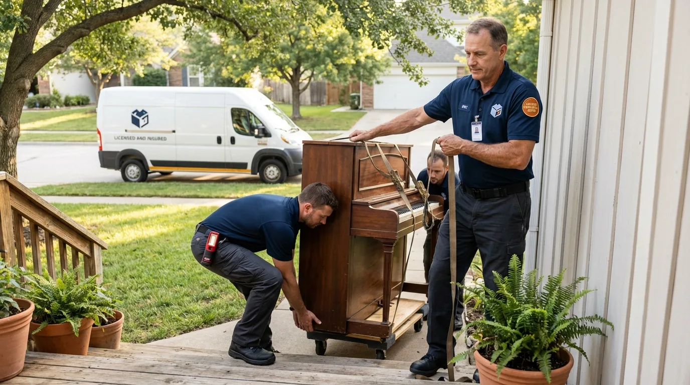 Licensed piano movers securing grand piano in Selma, CA