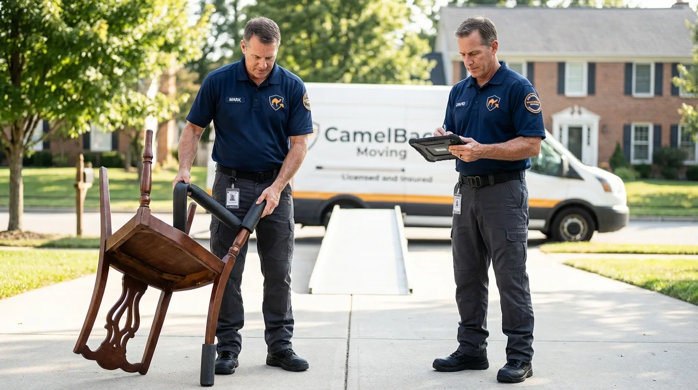 Movers inspecting furniture for damage prevention before loading in Selma, CA