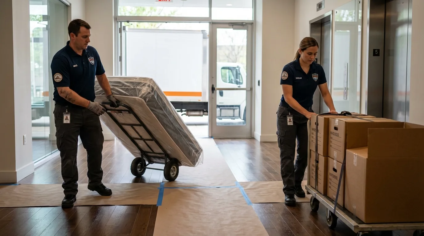 Professional apartment movers loading elevator in Selma, CA